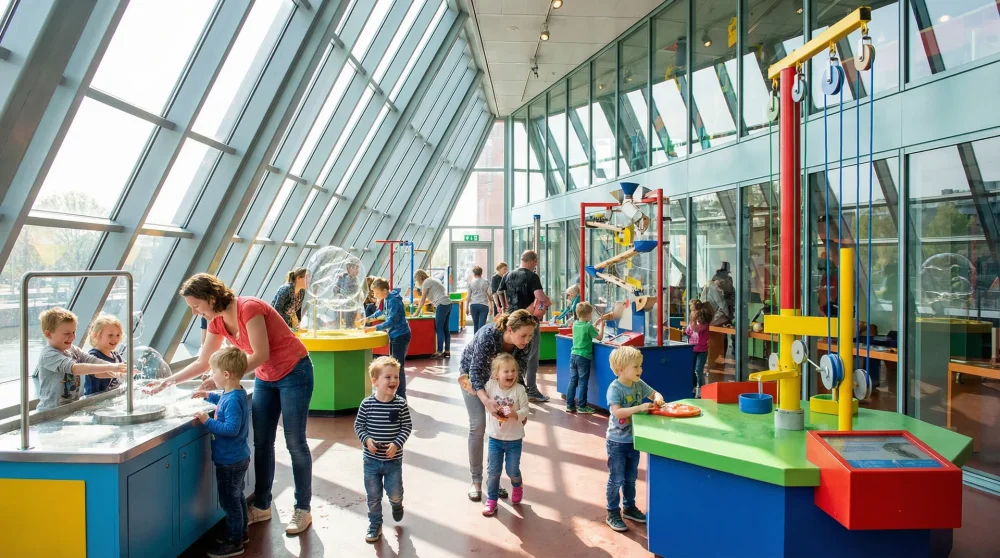 Children and parents engaging with interactive science exhibits inside NEMO Science Museum