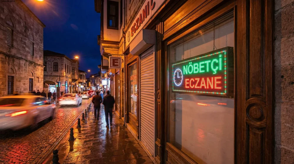 Leuchtendes Nöbetçi Eczane Schild einer türkischen Notdienst-Apotheke bei Nacht