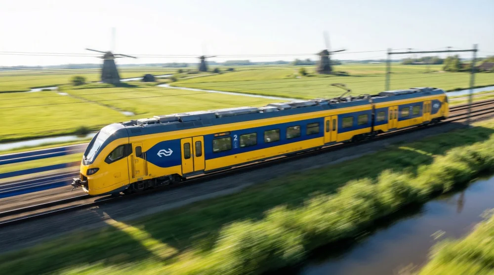 Yellow and blue NS double-decker train moving through the Dutch countryside