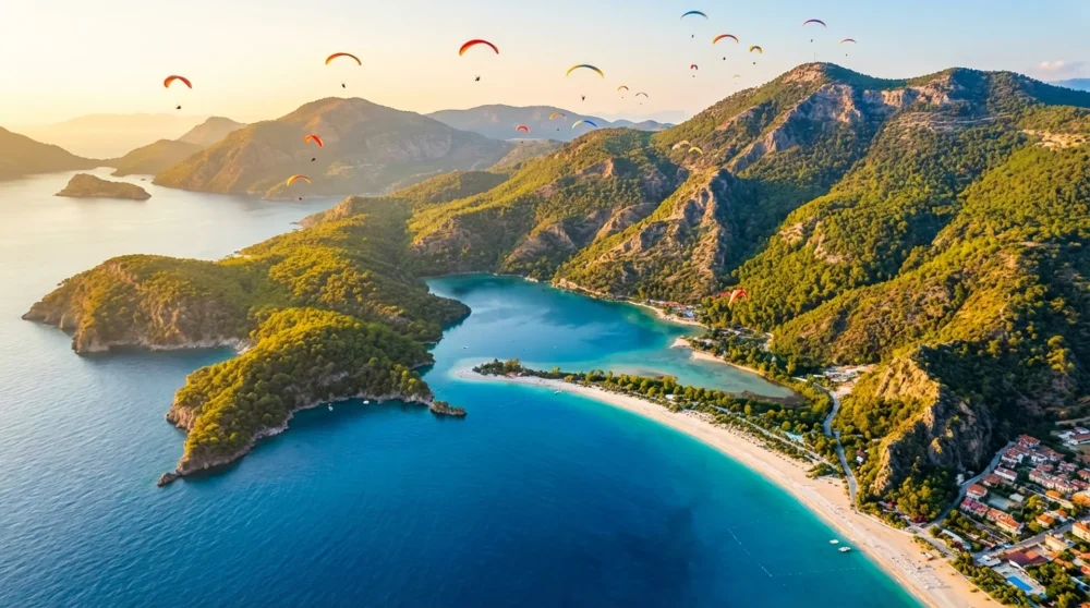 Spektakuläre Aussicht vom Lykischen Weg auf die tiefblaue Lagune von Ölüdeniz und den weißen Sandstrand