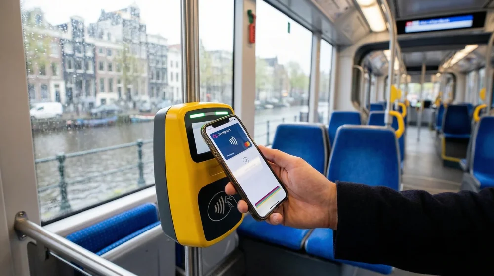 Passenger using smartphone digital wallet to check in on an Amsterdam tram card reader