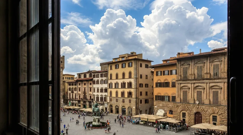 The medieval fortress architecture of Palazzo Vecchio town hall in Florence.