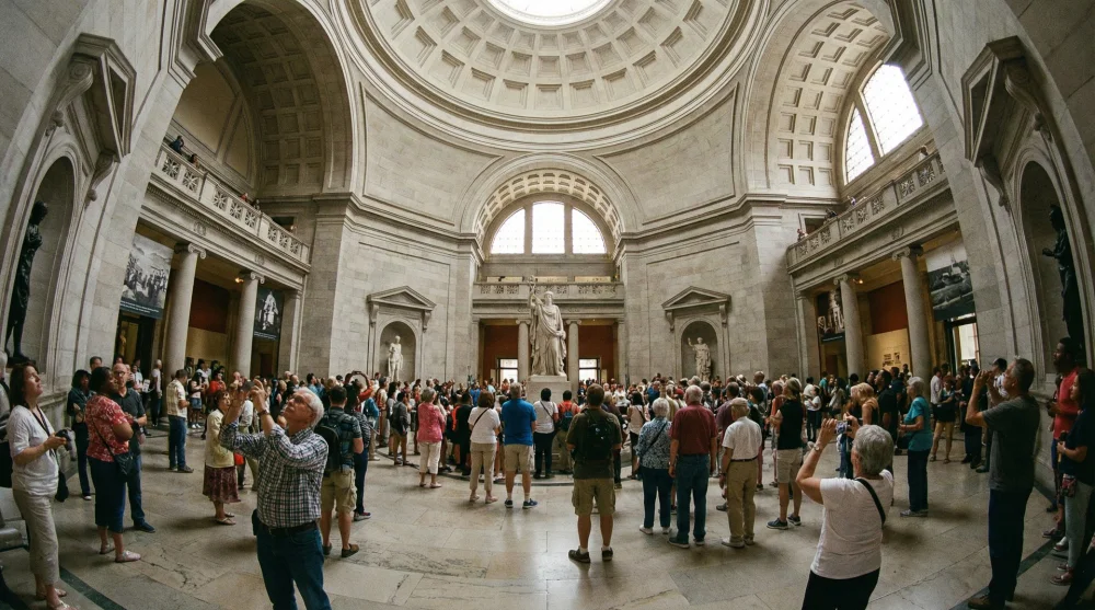 Visitors walking inside the Pantheon rotunda admiring the architecture