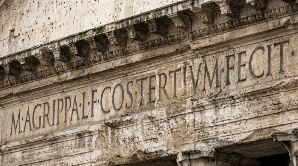 Close-up of the M.AGRIPPA Latin inscription on the Pantheon's frieze