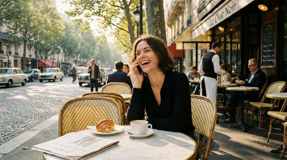 Tourist sitting at a Parisian cafe terrace using a smartphone to call a local restaurant for reservation
