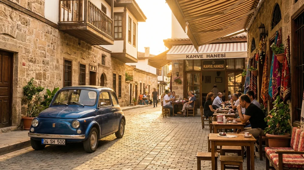 Geparktes Auto in einer belebten historischen Straße in der Türkei neben einem traditionellen Café