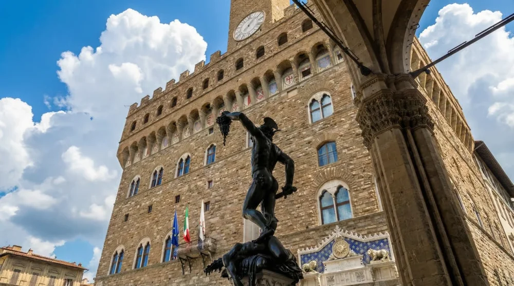 Benvenuto Cellini's bronze masterpiece Perseus holding the severed head of Medusa.