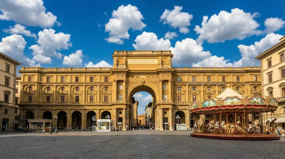 Panoramic view of Piazza della Repubblica showing spacious 19th-century architecture and pedestrian area