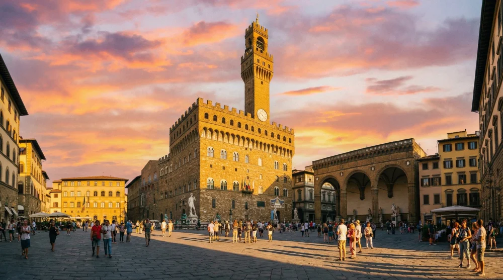 Panoramic view of Piazza della Signoria with Palazzo Vecchio and Renaissance statues in Florence.