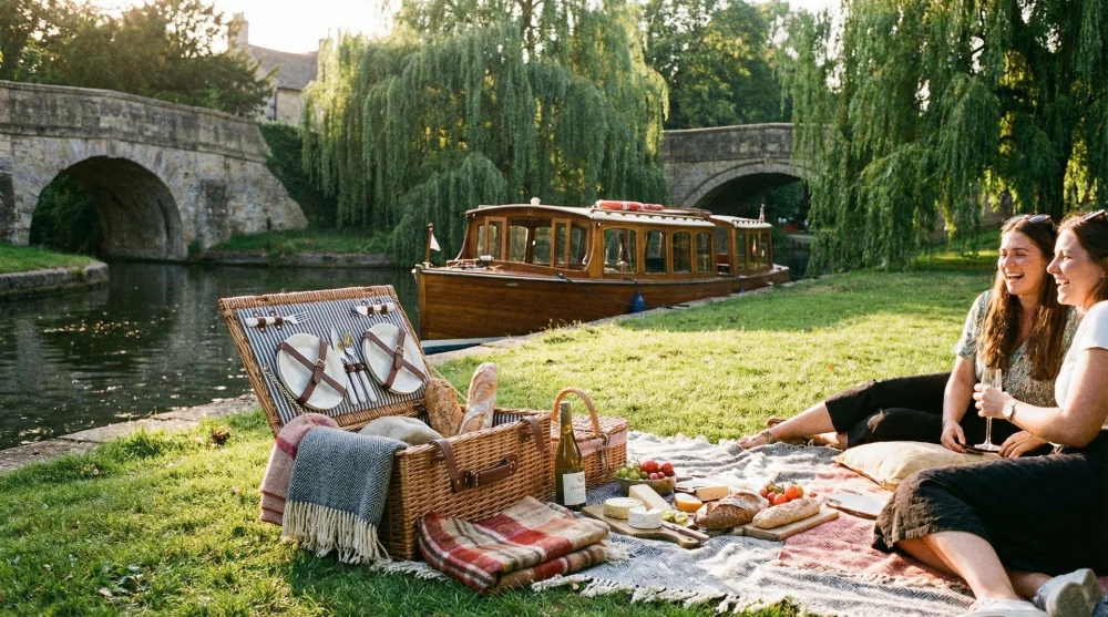 Picnic bench by the water in Giethoorn with a view of passing boats