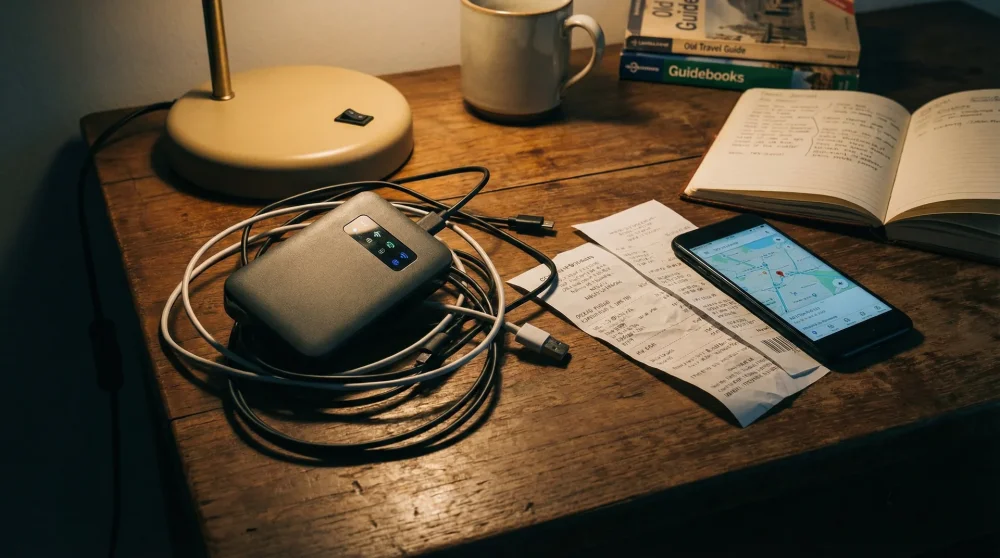 A bulky pocket Wi-Fi device with tangled cables and rental receipts compared to a single smartphone.