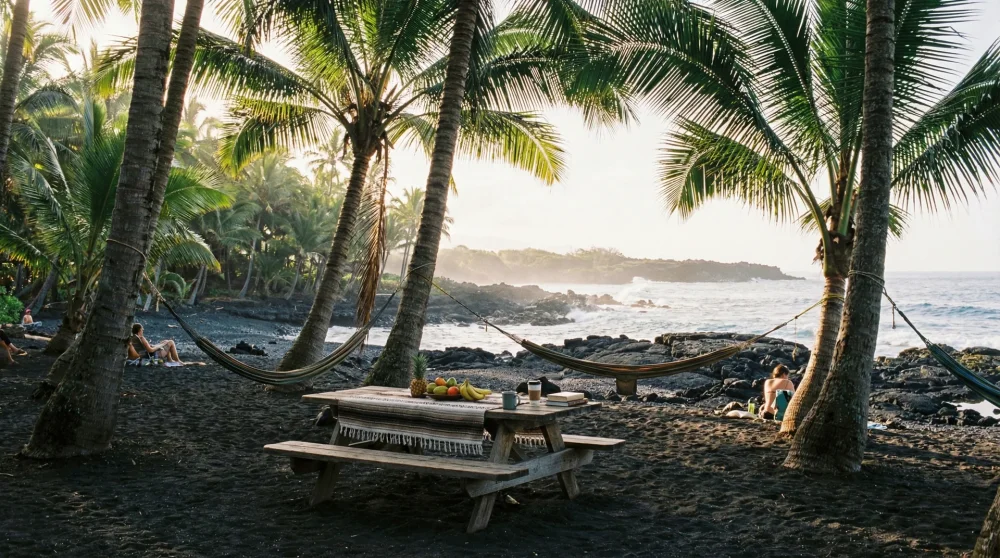 Tall mature coconut palm trees providing shade over the picnic area at Punaluu Black Sand Beach