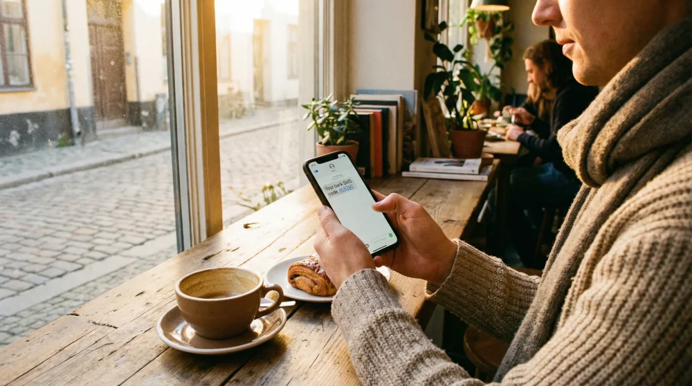 Receiving a two-factor authentication bank SMS code over cafe Wi-Fi using a smartphone abroad