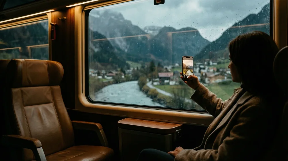 Passenger using a regional Europe eSIM on their iPhone while riding a scenic cross-border train