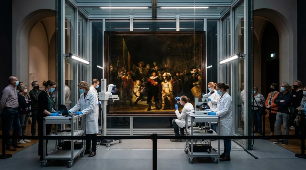 Rembrandt's famous The Night Watch painting undergoing live restoration inside a high-tech glass chamber at the Rijksmuseum
