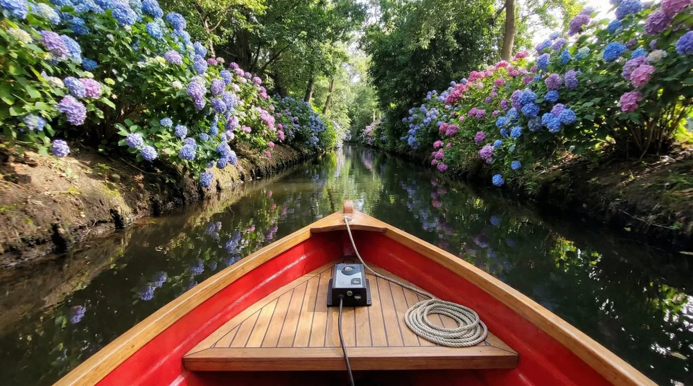 Driving a small electric whisper boat through the canals of Giethoorn