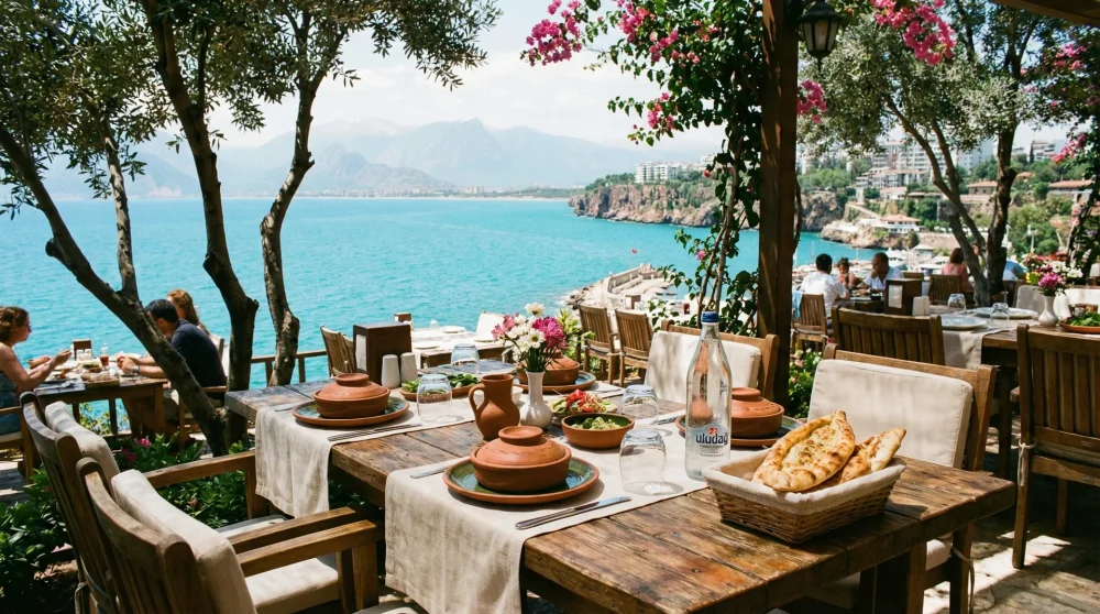 Ein gedeckter Tisch in einem Restaurant in Antalya mit ungefragt serviertem Brot und Wasserflaschen