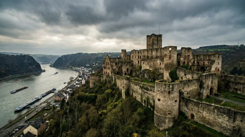 Aerial view of the massive Rheinfels Castle ruins overlooking the Rhine River in St. Goar.