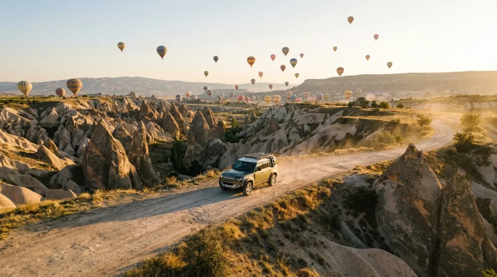 Road trip through Cappadocia mountains highlighting the need for extensive mobile network coverage in rural Turkey