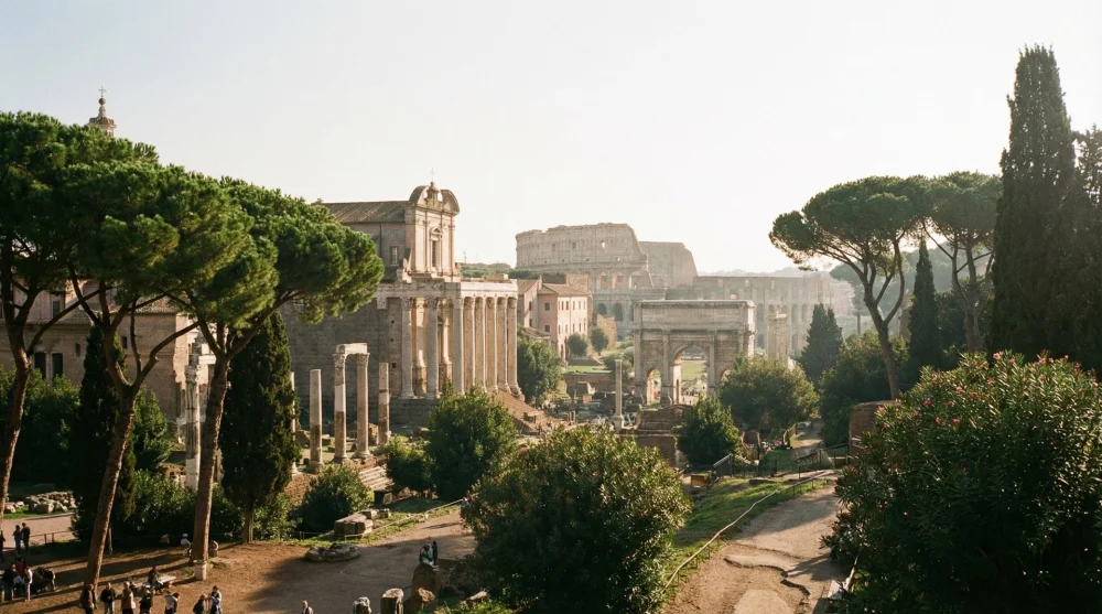 Ruins of the Roman Forum and ancient temples seen from Palatine Hill