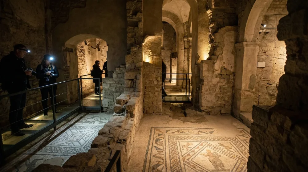 The illuminated archaeological ruins and Roman mosaics of the Santa Reparata crypt beneath Florence Cathedral