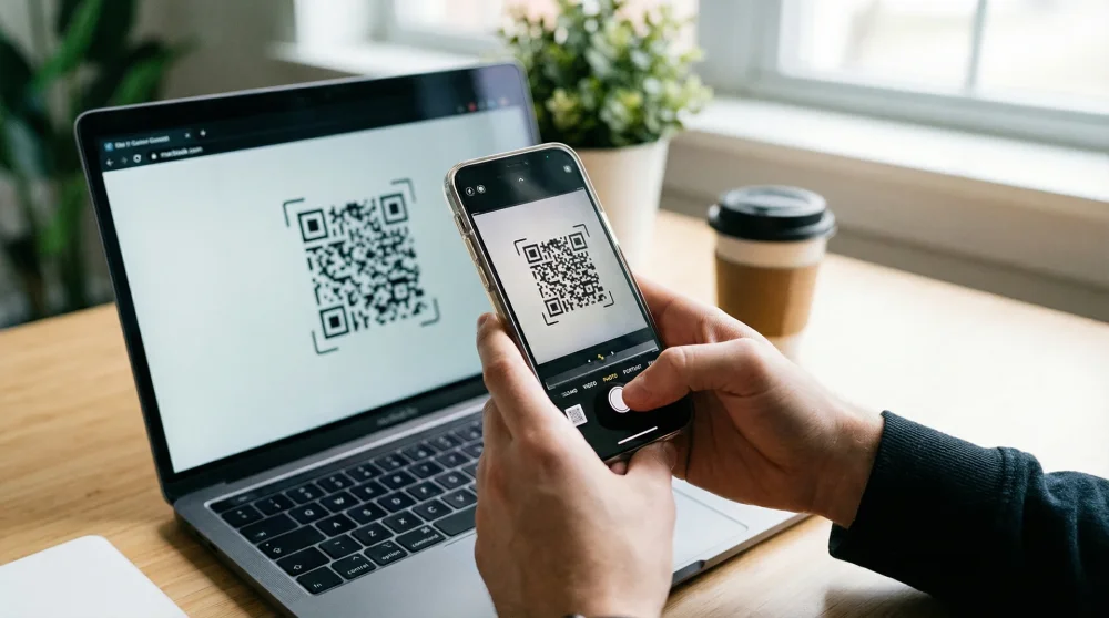 Hands holding a smartphone to scan a QR code from a laptop screen for digital mobile data setup