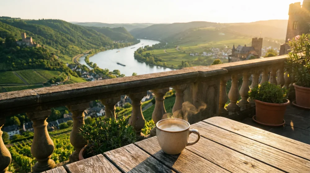 Beautiful view of the Rhine River from the Schlossschanke cafe terrace next to Rheinfels Castle.