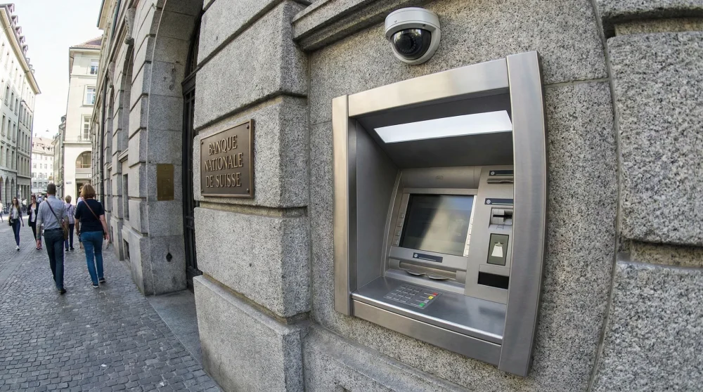 A secure and official bank-owned ATM built into a building wall