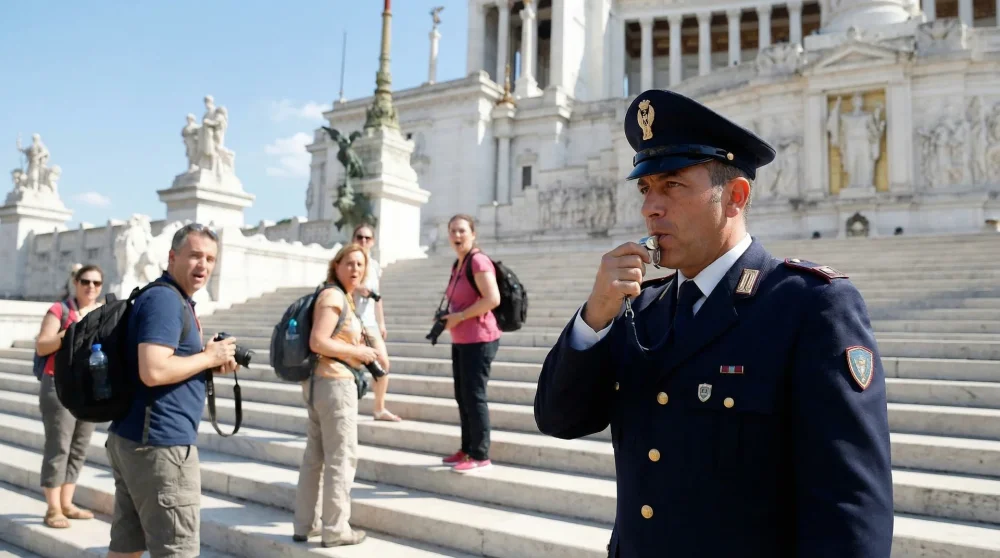 A security guard actively monitoring tourists on the white marble staircases of the Altare della Patria