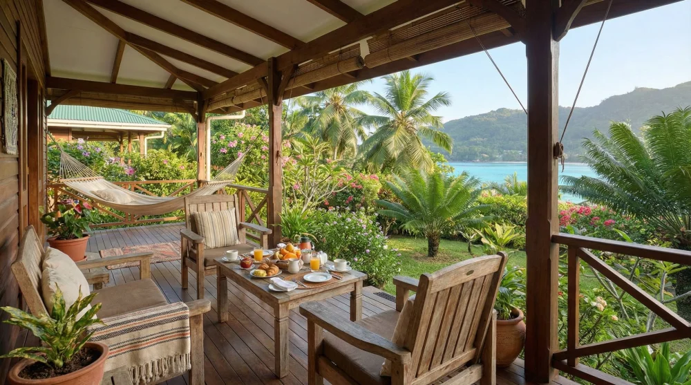 A cozy self-catering guesthouse veranda overlooking a lush tropical garden in Seychelles