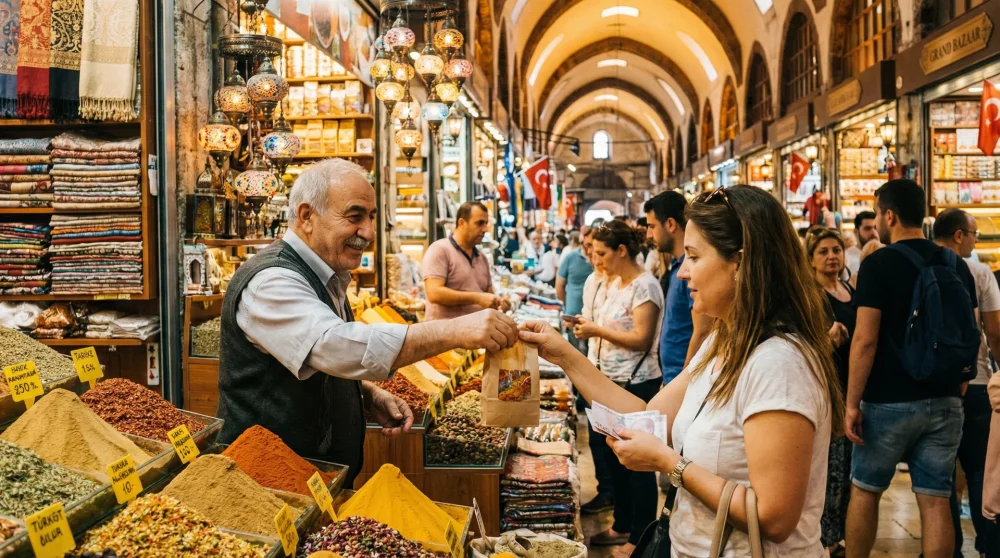 Customer paying with cash at a traditional spice stall inside the Grand Bazaar Istanbul