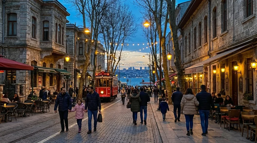 Lebendige und sichere Straßen in Kadiköy Istanbul während der Abenddämmerung