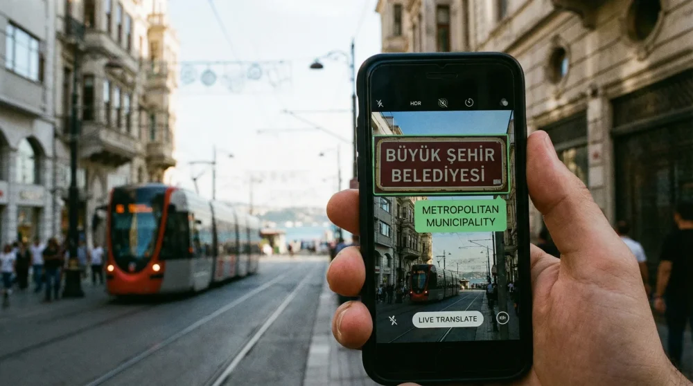 Smartphone camera app translating a Turkish road sign into English in real time