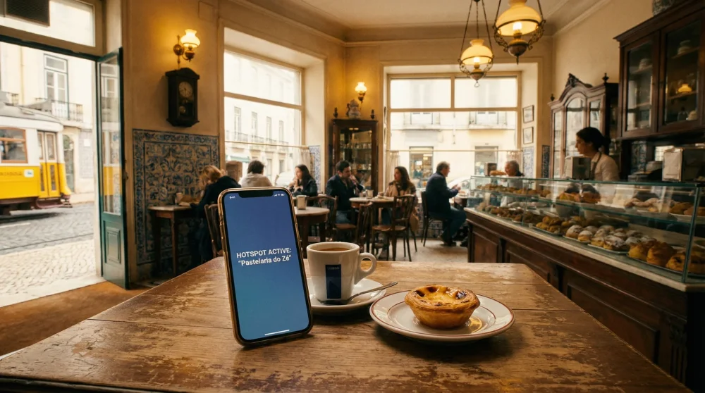 Smartphone acting as a 5G mobile hotspot next to coffee and pastry in a traditional Lisbon cafe