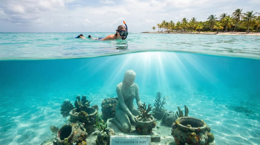 Snorkeler looking down from the surface at The Gardener of Hope sculpture in shallow Salon Nizuc