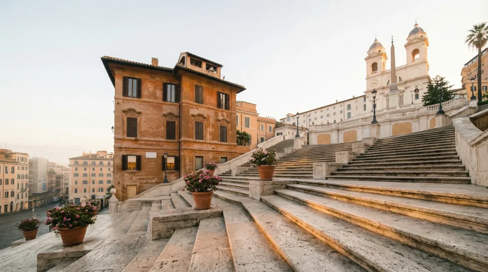 The Spanish Steps in Rome completely empty and peaceful during early morning sunrise