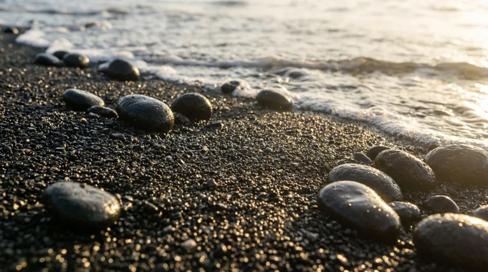 Close-up detail of glistening black volcanic sand grains created by cooled lava at Punaluu Beach