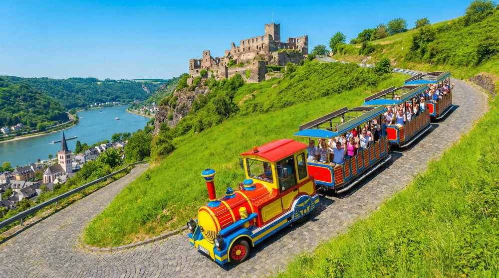 The Burgexpress mini-train transporting visitors up the steep hill to Rheinfels Castle in St. Goar.