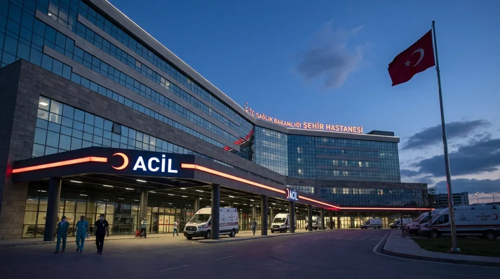 Außenansicht eines modernen staatlichen Krankenhauses in der Türkei mit beleuchteten Schildern für die Notaufnahme