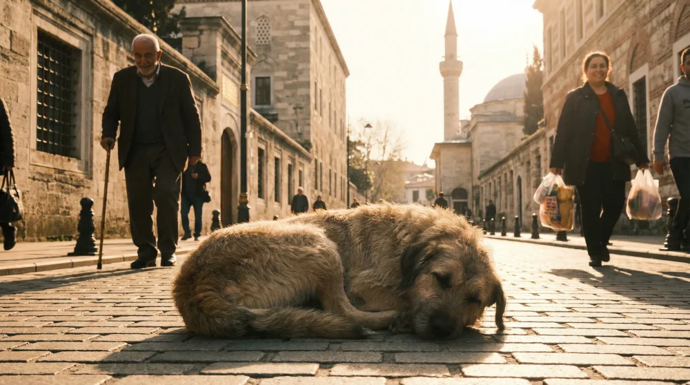 Ein friedlich schlafender Straßenhund auf einem sonnigen Gehweg in Istanbul, während Einheimische entspannt vorbeigehen
