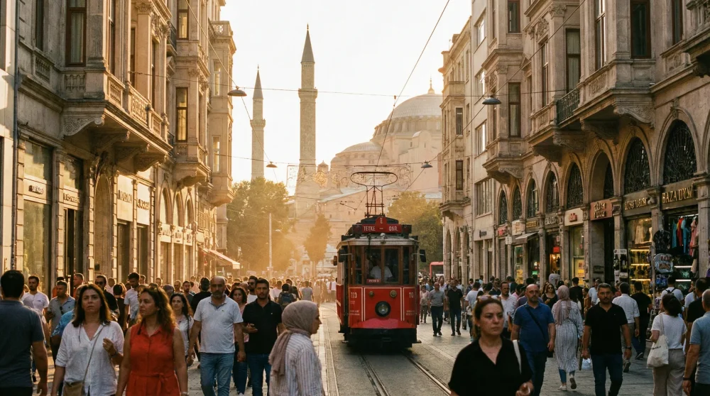 Lebhafte Straße in Istanbul mit Touristen und Einheimischen im Sonnenuntergang