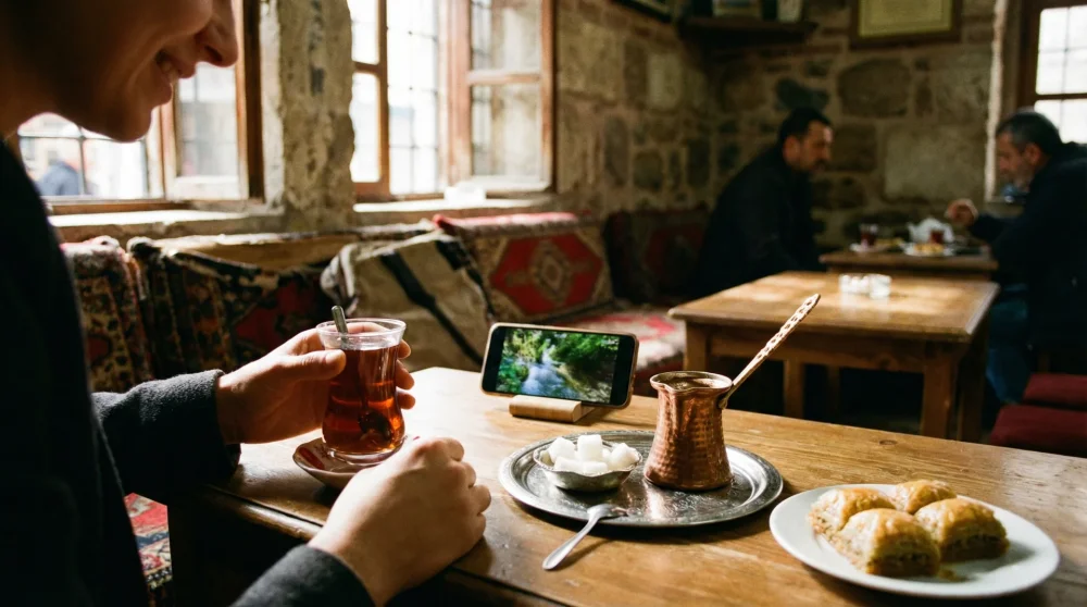 Tourist streaming a video on a smartphone while drinking Turkish tea at a local cafe