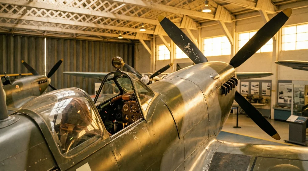Close-up of a restored Supermarine Spitfire display showing cockpit details