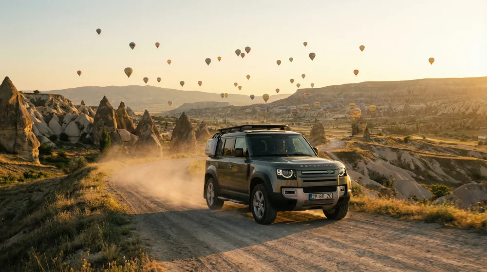 Ein SUV-Mietwagen fährt durch die raue Landschaft und Täler von Kappadokien mit Heißluftballons am Himmel