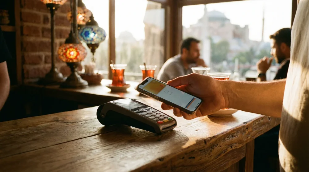 Tourist paying with Apple Pay using an iPhone at a contactless terminal in a Turkish cafe