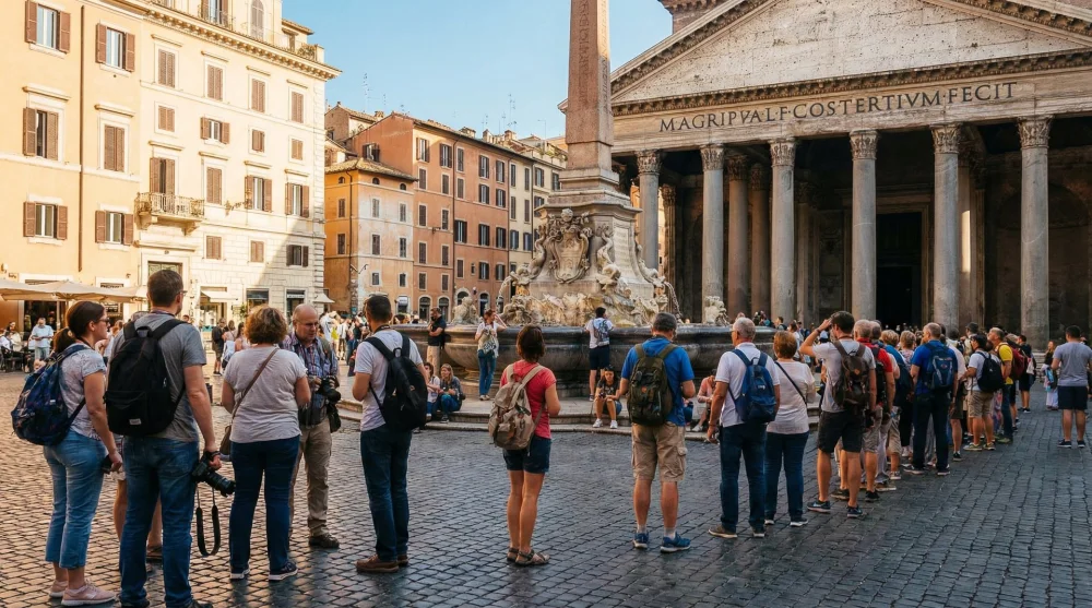 Tourists waiting in ticket lines in front of the Pantheon in Piazza della Rotonda