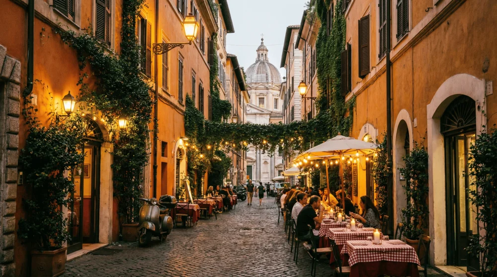 Ivy-covered houses and narrow Italian streets of Trastevere district