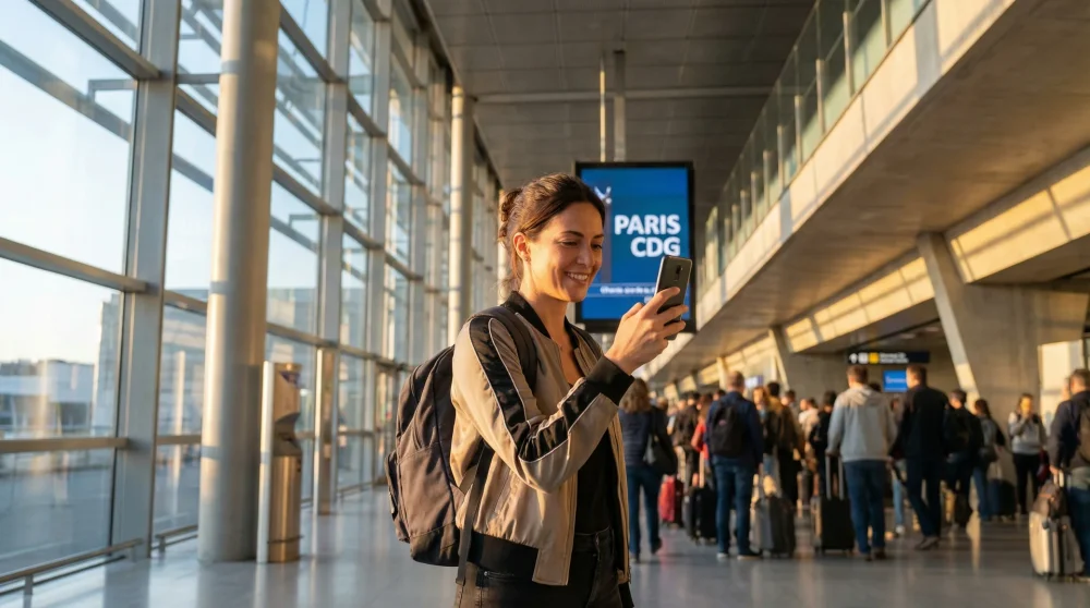 Traveler easily connecting to internet using mobile phone upon arrival at Charles de Gaulle Airport in Paris