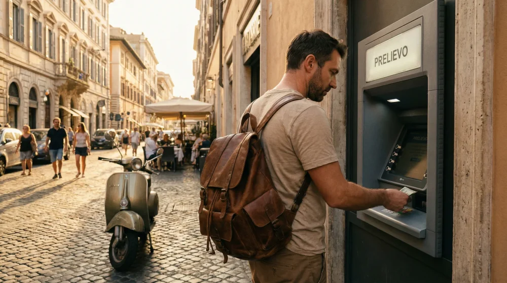 Tourist taking euro cash out of a foreign ATM machine while traveling in Italy