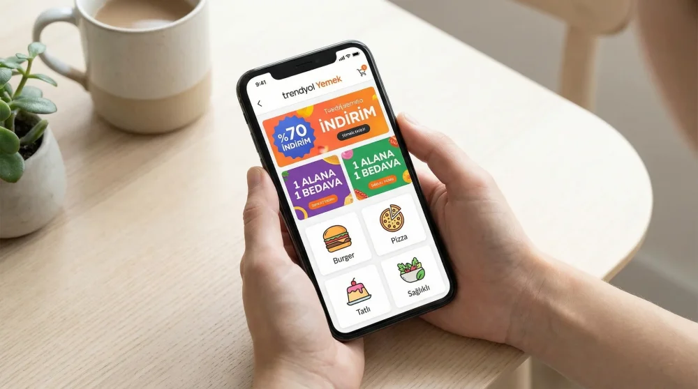 Trendyol Yemek app screen featuring promotional discounts and food categories